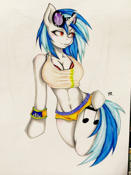 Size: 1536x2048 | Tagged: anthro, arm hooves, artist:majkarogo, belly button, breasts, busty vinyl scratch, cleavage, clothes, derpibooru import, female, midriff, photo, shorts, solo, suggestive, tanktop, traditional art, unguligrade anthro, vinyl scratch, wristband