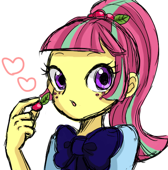 Size: 568x577 | Tagged: safe, artist:nayu, derpibooru import, sour sweet, equestria girls, friendship games, bowtie, cherry, cute, heart, looking at you, pixiv, ponytail, simple background, solo, sourbetes, white background