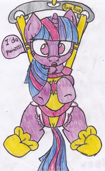 Size: 2141x3470 | Tagged: artist:cuddlelamb, baby bouncer, booties, derpibooru import, diaper, diaper fetish, pony price company, questionable, solo, traditional art, twilight sparkle