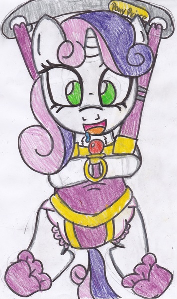 Size: 2065x3491 | Tagged: artist:cuddlelamb, baby bouncer, booties, derpibooru import, diaper, diaper fetish, pacifier, pony price company, questionable, solo, sweetie belle, traditional art