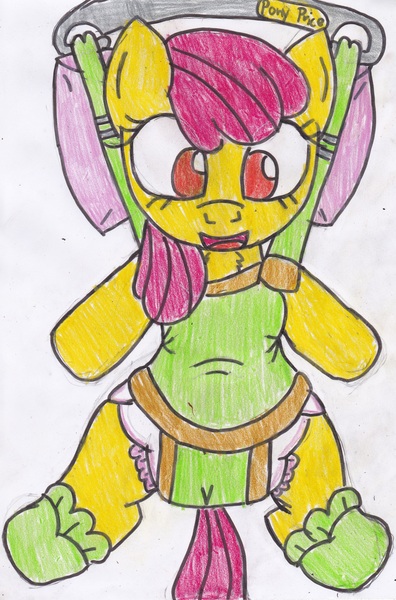 Size: 2305x3495 | Tagged: apple bloom, artist:cuddlelamb, baby bouncer, booties, derpibooru import, diaper, diaper fetish, pony price company, questionable, solo, traditional art