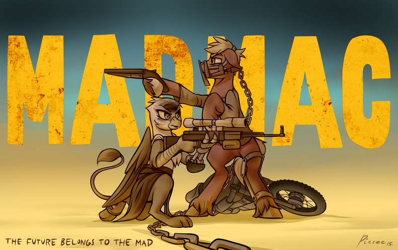 Size: 1600x1005 | Tagged: safe, artist:whitepone, derpibooru import, big macintosh, gilda, earth pony, gryphon, pony, chains, clothes, crossover, gun, imperator furiosa, mad max, mad max fury road, male, max rockatansky, motorcycle, muzzle, parody, prosthetic limb, rifle, shotgun, sks, stallion, valhalla