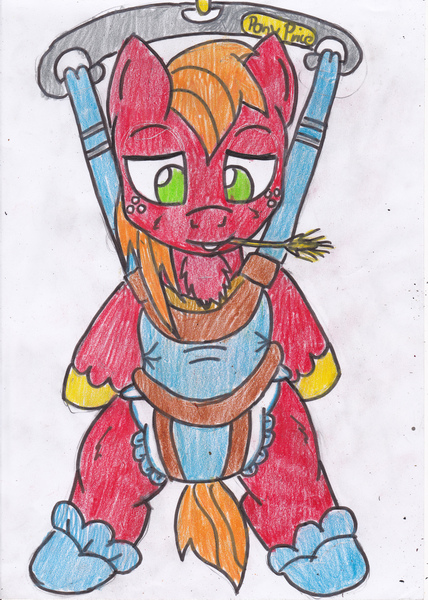 Size: 2500x3504 | Tagged: questionable, artist:cuddlelamb, derpibooru import, big macintosh, earth pony, pony, baby bouncer, booties, diaper, diaper fetish, male, pony price company, solo, stallion, traditional art