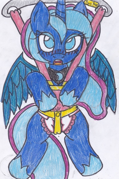 Size: 2313x3474 | Tagged: artist:cuddlelamb, baby bouncer, derpibooru import, diaper, diaper fetish, female, filly, pony price company, princess luna, questionable, solo, solo female, traditional art, woona, younger