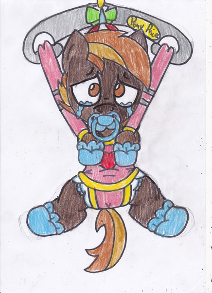 Size: 2552x3508 | Tagged: artist:cuddlelamb, baby bouncer, booties, button mash, crying, derpibooru import, diaper, diaper fetish, pacifier, pony price company, questionable, solo, traditional art