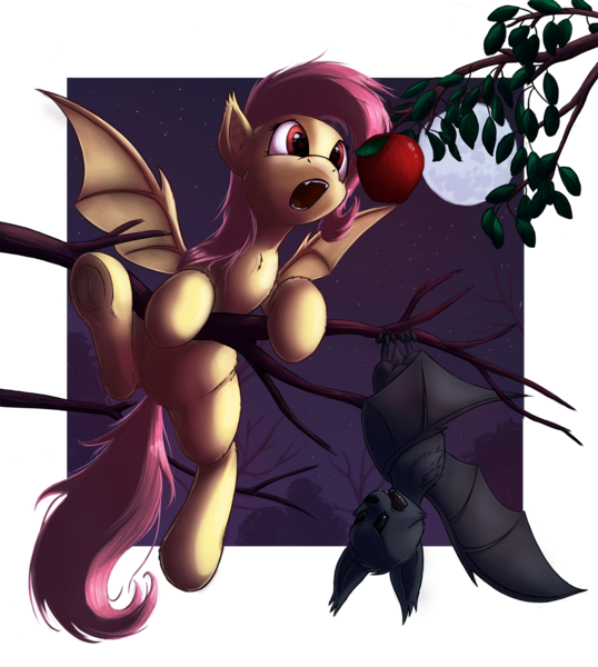 Size: 1500x1672 | Tagged: annoyed, apple, artist:hieronymuswhite, bat, cute, derpibooru import, eyes on the prize, fangs, fluffy, flutterbat, fluttershy, glare, hanging, moon, night, :o, open mouth, safe, shyabetes, solo, spread wings, stars, that pony sure does love apples, tree, tree branch, underhoof, upside down