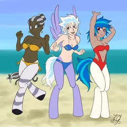 Size: 2438x2438 | Tagged: armpits, artist:dj-black-n-white, beach, bikini, breasts, cleavage, clothes, dancing, derpibooru import, female, females only, oc, oc:asha, oc:dee, oc:stormwalker, parent:cloudchaser, parent:vinyl scratch, parent:zecora, satyr, suggestive, swimsuit, unofficial characters only, zebra