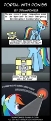 Size: 850x2020 | Tagged: semi-grimdark, artist:drawponies, derpibooru import, derpy hooves, rainbow dash, pegasus, pony, blissfully unaware, comic, companion cube, crossover, derpybuse, female, i just don't know what went wrong, imminent death, incinerator, mare, portal, sad