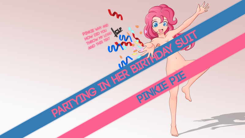 Size: 1920x1080 | Tagged: armpits, artist:angriestangryartist, artist:chaoticlightfixtures, artistic nudity, barefoot, belly button, censored, complete nudity, confetti, derpibooru import, feet, female, full body, human, humanized, nudity, pinkie pie, questionable, solo, solo female, streamers, wallpaper, wallpaper for the fearless