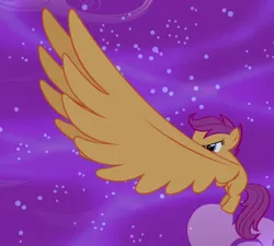 Size: 333x300 | Tagged: safe, derpibooru import, screencap, scootaloo, pegasus, pony, do princesses dream of magic sheep, alicorn wings, cropped, dream, female, filly, flying, foal, large wings, night, solo