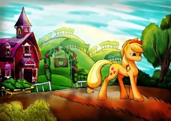 Size: 1024x724 | Tagged: applejack, artist:thatonegib, derpibooru import, goodbye, leaving, make it a happy goodbye, safe, sweet apple acres