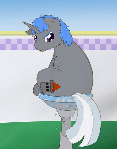 Size: 576x733 | Tagged: safe, artist:ravenpuff, deleted from derpibooru, derpibooru import, oc, oc:bastion, unofficial characters only, unicorn, ask four inept guardponies, behaving like a bird, bird bath, frown, glare, looking back, male, sitting, solo, stallion, unamused