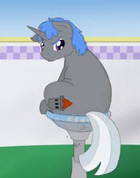 Size: 576x733 | Tagged: safe, artist:ravenpuff, deleted from derpibooru, derpibooru import, oc, oc:bastion, unofficial characters only, unicorn, ask four inept guardponies, behaving like a bird, bird bath, frown, glare, looking back, male, sitting, solo, stallion, unamused