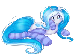 Size: 3835x2826 | Tagged: safe, artist:askbubblelee, derpibooru import, oc, oc:bubble lee, oc:imago, unofficial characters only, pony, unicorn, blushing, clothes, cute, looking at you, lying down, prone, simple background, socks, solo, sploot, stockings, striped socks, transparent background