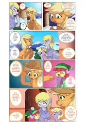 Size: 1600x2262 | Tagged: safe, artist:jeremy3, derpibooru import, apple bloom, applejack, derpy hooves, dinky hooves, pegasus, pony, comic:quest for apple bloom, clothes, comic, earmuffs, female, mare, scarf, snow, winter