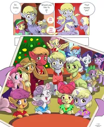 Size: 1600x1953 | Tagged: safe, artist:jeremy3, derpibooru import, apple bloom, applejack, big macintosh, derpy hooves, dinky hooves, fluttershy, granny smith, pinkie pie, rainbow dash, rarity, scootaloo, spike, sweetie belle, twilight sparkle, earth pony, pony, comic:quest for apple bloom, christmas tree, clothes, coat, comic, cute, cutie mark crusaders, dinkabetes, earmuffs, excited, male, mane seven, mane six, present, stallion, tree