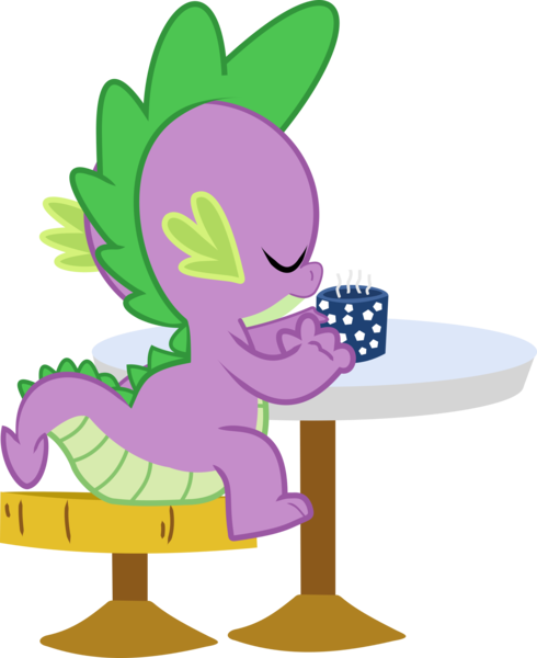 Size: 1918x2348 | Tagged: artist:wissle, chocolate, cup, derpibooru import, dragon, eyes closed, food, hot chocolate, male, rear view, safe, simple background, sitting, solo, spike, stool, table, transparent background, vector