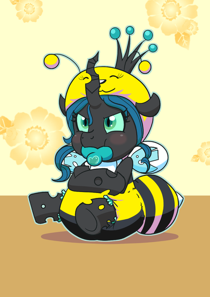 Size: 883x1248 | Tagged: age regression, artist:artiecanvas, baby, baby pony, bee, bee costume, changeling, clothes, costume, crossed arms, cute, cutealis, derpibooru import, diaper, filly, foal, nymph, onesie, pacifier, poofy diaper, pouting, queen chrysalis, safe, solo