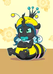 Size: 883x1248 | Tagged: age regression, artist:artiecanvas, baby, baby pony, bee, bee costume, changeling, clothes, costume, crossed arms, cute, cutealis, derpibooru import, diaper, filly, foal, nymph, onesie, pacifier, poofy diaper, pouting, queen chrysalis, safe, solo