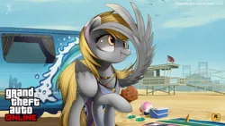 Size: 1920x1080 | Tagged: safe, artist:supermare, derpibooru import, derpy hooves, pegasus, pony, american flag, beach, clothes, cooler, crossover, female, flag, grand theft auto, grand theft auto online, gta online, gta v, mare, muffin, necklace, rockstar games, sandals, scrunchy face, solo, towel, van, vehicle, volleyball, wallpaper