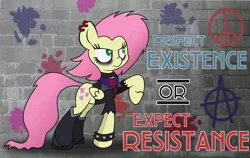 Size: 1900x1200 | Tagged: anarchist, anarchy, artist:xylophon, bandana, clothes, derpibooru import, earring, eyeshadow, fluttershy, piercing, poster, protest, punk, quote, safe, solo, spiked wristband, wallpaper, wristband