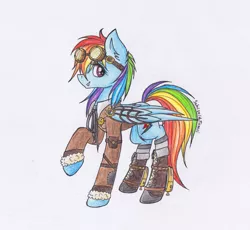 Size: 932x857 | Tagged: safe, artist:schizoidtomii, derpibooru import, rainbow dash, pegasus, pony, boots, clothes, female, goggles, jacket, looking at you, mare, raised hoof, signature, simple background, smiling, solo, steampunk, traditional art, watch, white background, wings