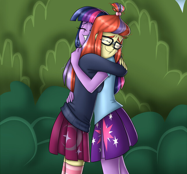 Size: 1966x1834 | Tagged: safe, artist:namygaga, derpibooru import, moondancer, twilight sparkle, human, amending fences, equestria girls, clothes, cute, dancerbetes, equestria girls interpretation, equestria girls-ified, female, glasses, hug, miniskirt, pleated skirt, scene interpretation, skirt, socks, striped socks, sweater, thigh highs, twiabetes