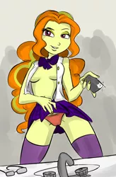 Size: 1244x1896 | Tagged: suggestive, artist:flyingbrickanimation, artist:ponut_joe, derpibooru import, edit, adagio dazzle, equestria girls, breasts, cleavage, clothes, colored, female, glasses, mirror, mobile phone, nail polish, open clothes, open shirt, panties, phone, red underwear, sink, skirt, solo, solo female, strategically covered, underwear, undressing