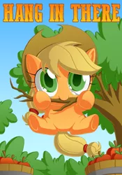 Size: 1000x1432 | Tagged: safe, artist:berrypawnch, derpibooru import, applejack, earth pony, pony, apple, applecat, berrypawnch is trying to murder us, biting, cute, female, filly, food, hang in there, hat, jackabetes, sky, solo, tree, younger