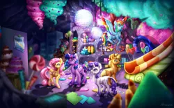 Size: 2610x1631 | Tagged: safe, artist:9de-light6, derpibooru import, applejack, fluttershy, rainbow dash, rarity, twilight sparkle, twilight sparkle (alicorn), alicorn, classical unicorn, earth pony, pegasus, pony, unicorn, party pooped, balloon, basement, cloven hooves, colored fetlocks, colored wings, colored wingtips, disco ball, feathered fetlocks, female, leonine tail, mare, multicolored wings, party cave, rainbow wings, tail feathers
