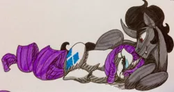 Size: 1280x682 | Tagged: cuddling, cute, derpibooru import, eyes closed, fangs, female, floppy ears, king sombra, male, prone, rarity, safe, shipping, sleeping, smiling, snuggling, sombrarity, straight, traditional art