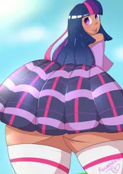 Size: 2893x4092 | Tagged: artist:marysewable, ass, breasts, chubby, clothes, derpibooru import, hips, human, humanized, impossibly large butt, marysewable, moderate dark skin, school uniform, schrödinger's pantsu, skirt, solo, suggestive, the ass was fat, twibutt, twilight sparkle, upskirt