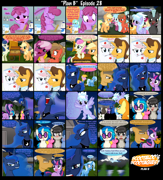 Size: 5298x5860 | Tagged: safe, artist:ajmstudios, derpibooru import, applejack, berry punch, berryshine, blues, bon bon, carrot top, cheerilee, cherry berry, cloudchaser, doctor horse, doctor stable, golden harvest, lyra heartstrings, noteworthy, nurse redheart, octavia melody, princess luna, rainbow dash, roseluck, scootaloo, soarin', sweetie drops, thunderlane, trixie, twilight sparkle, vinyl scratch, oc, oc:officer cuffs, oc:sergeant brass, oc:soda, oc:typhoon, pony, unicorn, absurd resolution, background pony, comic, female, humor, male, mare, scootaloo's scootaquest, scootaquest, shipping, soarindash, straight