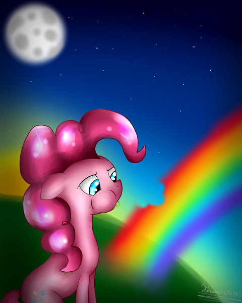 Size: 1200x1500 | Tagged: safe, artist:terezas474747, derpibooru import, pinkie pie, bite mark, moon, rainbow, solo