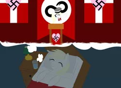 Size: 1486x1080 | Tagged: 8chan, armband, artist:anonymousdrawfig, bed, bubble, derpibooru import, dream, fascism, flag, glass, hat, heart, heil, infinity symbol, lamp, nazi, oc, oc:aryanne, pillow, /pone/, semi-grimdark, sheet, sleeping, smiling, solo, speech, swastika, unofficial characters only, wardrobe