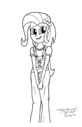 Size: 837x1280 | Tagged: safe, artist:millenniumf, derpibooru import, trixie, equestria girls, monochrome, overalls