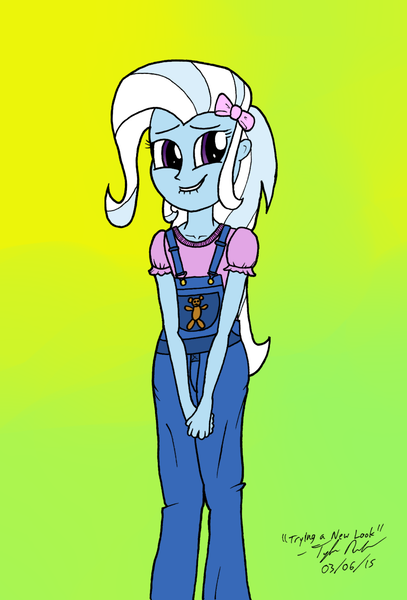 Size: 837x1234 | Tagged: safe, artist:millenniumf, artist:stargrazer, derpibooru import, trixie, equestria girls, colored, overalls