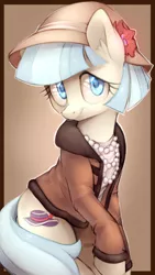 Size: 1000x1774 | Tagged: safe, artist:lightning-stars, derpibooru import, coco pommel, earth pony, pony, clothes, cocobetes, cute, ear fluff, female, flower, hat, jacket, jewelry, looking at you, mare, necklace, pearl, raised hoof, simple background, sitting, smiling, solo
