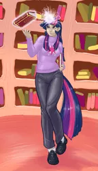 Size: 865x1500 | Tagged: artist:aphexangel, book, clothes, derpibooru import, golden oaks library, horned humanization, human, humanized, magic, pants, safe, shoes, socks, solo, sweater, tailed humanization, twilight sparkle