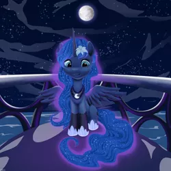 Size: 3840x3840 | Tagged: artist:roadsleadme, balcony, clothes, derpibooru import, flower, flower in hair, full moon, hoof shoes, moon, night, princess luna, safe, sitting, smiling, socks, solo, spread wings, stars, .svg available, vector