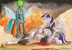 Size: 1024x726 | Tagged: grimdark, artist:souleatersaku90, derpibooru import, queen chrysalis, twilight sparkle, twilight sparkle (alicorn), oc, oc:fox trot, alicorn, pony, fanfic, blood, cheerleader outfit, dismemberment, fanfic art, female, furry, fursecution, gore, mare, story included, teeth, the simple life, traditional art, watercolor painting