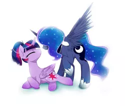 Size: 1600x1354 | Tagged: dead source, safe, artist:magnaluna, derpibooru import, princess luna, twilight sparkle, twilight sparkle (alicorn), alicorn, pony, alternate hairstyle, ethereal mane, eyes closed, female, imminent kissing, lesbian, lying down, mare, ponytail, prone, raised hoof, shipping, simple background, smiling, spread wings, starry mane, twiluna, underhoof, white background