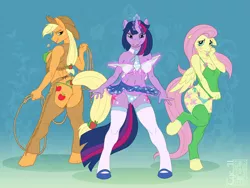 Size: 4000x3000 | Tagged: absurd resolution, anthro, applejack, appletwishy, artist:tyelle, assless chaps, belly button, blue underwear, blushing, breasts, busty applejack, busty fluttershy, busty twilight sparkle, chaps, clothes, cutie mark underwear, derpibooru import, female, females only, fluttershy, frilly underwear, green underwear, hay stalk, lipstick, looking at you, magic, mary janes, panties, ponibooru import, rope, skirt, starry underwear, stockings, straw in mouth, suggestive, thong, twilight sparkle, underass, underwear, undressing, unguligrade anthro