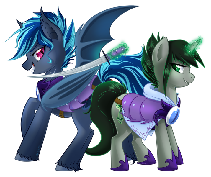 Size: 1280x1074 | Tagged: safe, artist:skjolty, derpibooru import, oc, oc:emile nightcaster, oc:gale, unofficial characters only, bat pony, pony, armor, magic, sword, weapon