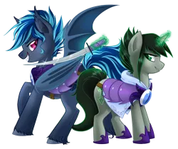 Size: 1280x1074 | Tagged: safe, artist:skjolty, derpibooru import, oc, oc:emile nightcaster, oc:gale, unofficial characters only, bat pony, pony, armor, magic, sword, weapon