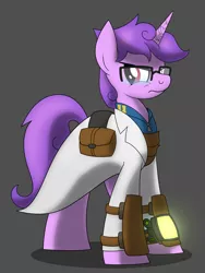 Size: 2400x3200 | Tagged: safe, artist:drawponies, derpibooru import, oc, oc:technical circuits, unofficial characters only, pony, unicorn, fallout equestria, clothes, cracked horn, female, glasses, lab coat, pipbuck, saddle bag, scientist, solo