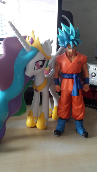 Size: 2322x4128 | Tagged: derpibooru import, dragon ball super, dragon ball z, goku, photo, princess celestia, safe, super saiyan blue, super saiyan god super saiyan, vinyl figure