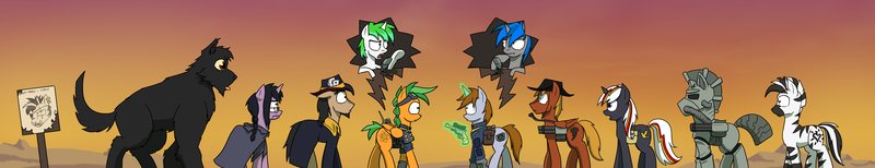 Size: 8000x1536 | Tagged: safe, artist:captainhoers, derpibooru import, oc, oc:atom smasher, oc:calamity, oc:littlepip, oc:shootingstar, oc:steelhooves, oc:velvet remedy, oc:xenith, unofficial characters only, earth pony, pegasus, pony, unicorn, zebra, fallout equestria, fallout equestria: duck and cover, fanfic, applejack's rangers, armor, battle saddle, clothes, cowboy hat, cutie mark, dashite, duck and cover, fanfic art, female, floppy ears, fluttershy medical saddlebag, glasses, glowing horn, gradient background, gun, handgun, hat, hooves, horn, levitation, little macintosh, magic, male, mare, medical saddlebag, microphone, open mouth, optical sight, pipbuck, power armor, revolver, rifle, saddle bag, stallion, steel ranger, teeth, telekinesis, vault suit, wasteland, weapon, wings