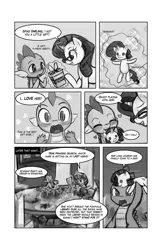 Size: 825x1275 | Tagged: safe, artist:lumineko, derpibooru import, rarity, spike, twilight sparkle, twilight sparkle (alicorn), alicorn, pony, comic:plushie playtime, comic, doll, doujin, explicit source, female, glasses, levitation, magic, male, mare, monochrome, plushie, plushie sex toy, rarity plushie, shipping, sparity, straight, telekinesis