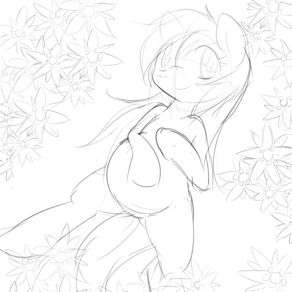 Size: 2000x2000 | Tagged: artist:randy, bellyrubs, black and white, blushing, derpibooru import, flower, grayscale, happy, looking up, meadow, monochrome, nature, oc, oc:aryanne, on back, outdoors, pregnant, resting, safe, sketch, solo, unofficial characters only
